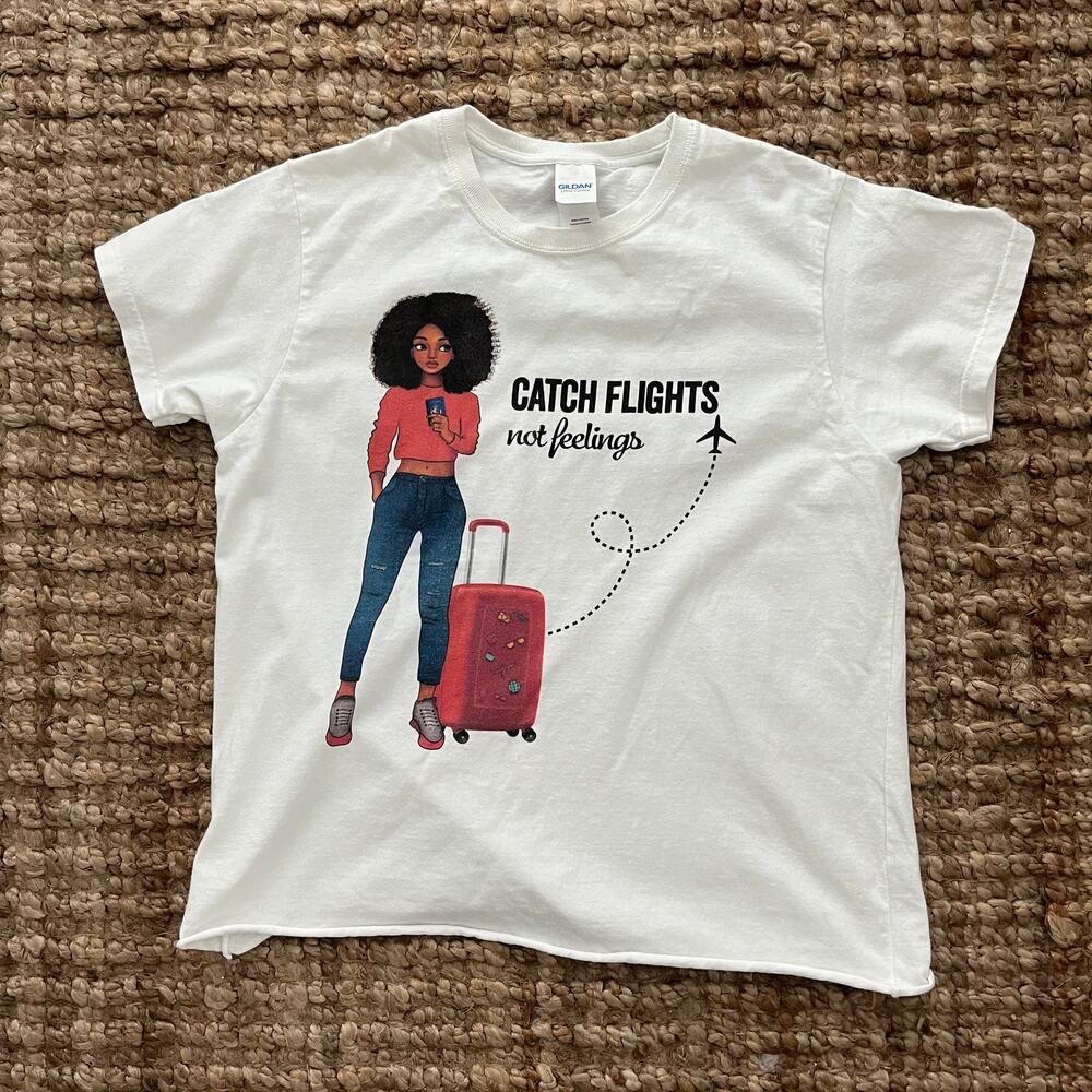 Catch Flights Not Feelings Graphic Tee White Raw Hem Cropped Women's M Travel